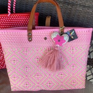 Pink Woven Tote Bag with Brown Handles